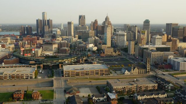 Golden Hour Aerial Of Downtown Detroit Tracking