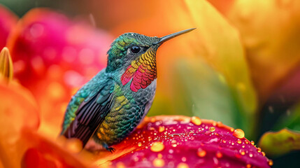 Fototapeta premium Hummingbird on a Flower Nectar Nature Wallpaper Background Poster Illustration Digital Art Cover Card