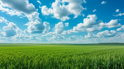Obraz premium An expansive panorama of a vibrant green field, freshly cut, under a vast sky of azure, with cotton-like clouds gently floating on the horizon.