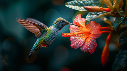 Fototapeta premium Hummingbird on a Flower Nectar Nature Wallpaper Background Poster Illustration Digital Art Cover Card