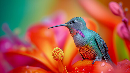 Fototapeta premium Hummingbird on a Flower Nectar Nature Wallpaper Background Poster Illustration Digital Art Cover Card