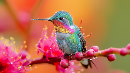 Fototapeta premium Hummingbird on a Flower Nectar Nature Wallpaper Background Poster Illustration Digital Art Cover Card