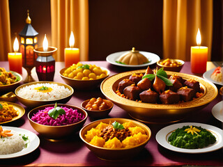Joyful Iftar Soiree: A Feast of Tradition and Togetherness Illuminated by Ramadan's Warm Glow. generative A