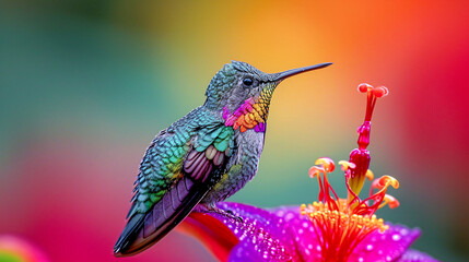 Hummingbird on a Flower Nectar Nature Wallpaper Background Poster Illustration Digital Art Cover Card