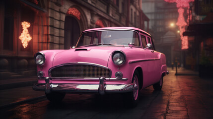Fototapeta premium A pink retro car on the streets of New York, generative AI