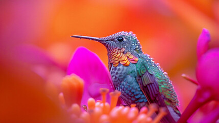 Fototapeta premium Hummingbird on a Flower Nectar Nature Wallpaper Background Poster Illustration Digital Art Cover Card