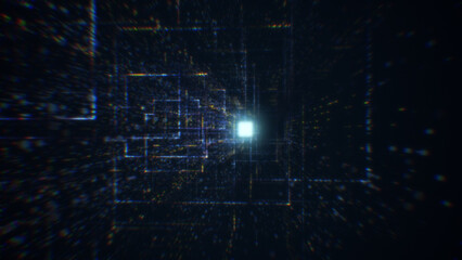3D rendering of an abstract digital tunnel in cyberspace made of particles