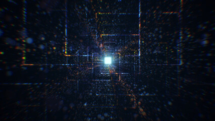 Fototapeta na wymiar 3D rendering of an abstract digital tunnel in cyberspace made of particles