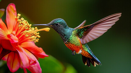 Fototapeta premium Hummingbird on a Flower Nectar Nature Wallpaper Background Poster Illustration Digital Art Cover Card