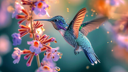 Fototapeta premium Hummingbird on a Flower Nectar Nature Wallpaper Background Poster Illustration Digital Art Cover Card