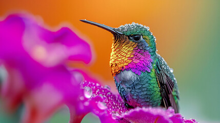 Fototapeta premium Hummingbird on a Flower Nectar Nature Wallpaper Background Poster Illustration Digital Art Cover Card