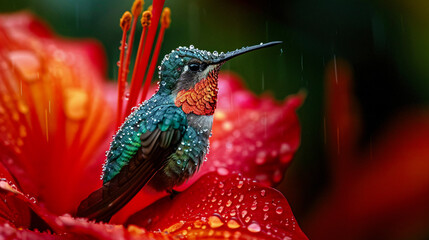 Obraz premium Hummingbird on a Flower Nectar Nature Wallpaper Background Poster Illustration Digital Art Cover Card