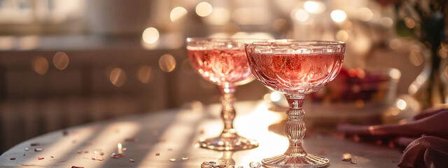 Fototapeta na wymiar Two crystal vintage-style glasses with sparkling rose wine on a bokeh backdrop. Image for a wedding planner's portfolio, event invitations. Poster, with copy space for Valentine's Day