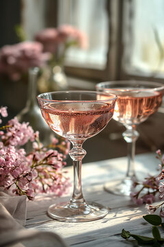 Two crystal vintage-style glasses with sparkling rose wine on a rystic table. Image for a wedding planner's portfolio, event invitations. Poster, with copy space for Valentine's Day