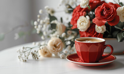 Obraz na płótnie Canvas A red coffee cup with flowers, on white table. Poster, invintation for Valentine's Day event or party. Website or banner with copy space