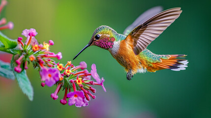 Fototapeta premium Hummingbird on a Flower Nectar Nature Wallpaper Background Poster Illustration Digital Art Cover Card