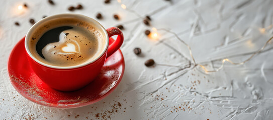 A red coffee cup with heart-shaped foam, on white textured backgrounf, surrounded by coffee beans and lights. Poster, invintation for Valentine's Day event or party. Website or banner with copy space