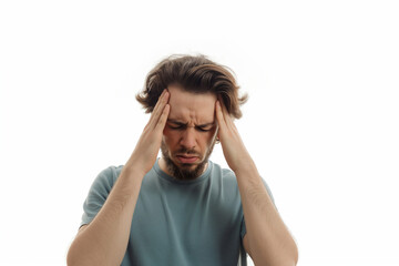 Fototapeta premium Man with migraine holding her head and experiencing pain on white background