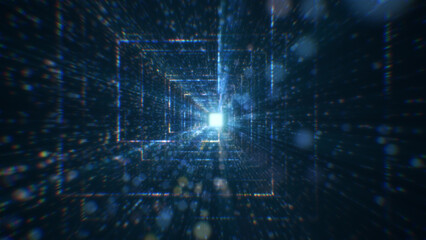3D rendering of an abstract digital tunnel in cyberspace made of particles