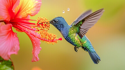 Fototapeta premium Hummingbird on a Flower Nectar Nature Wallpaper Background Poster Illustration Digital Art Cover Card