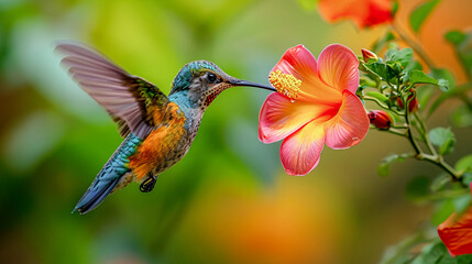 Fototapeta premium Hummingbird on a Flower Nectar Nature Wallpaper Background Poster Illustration Digital Art Cover Card