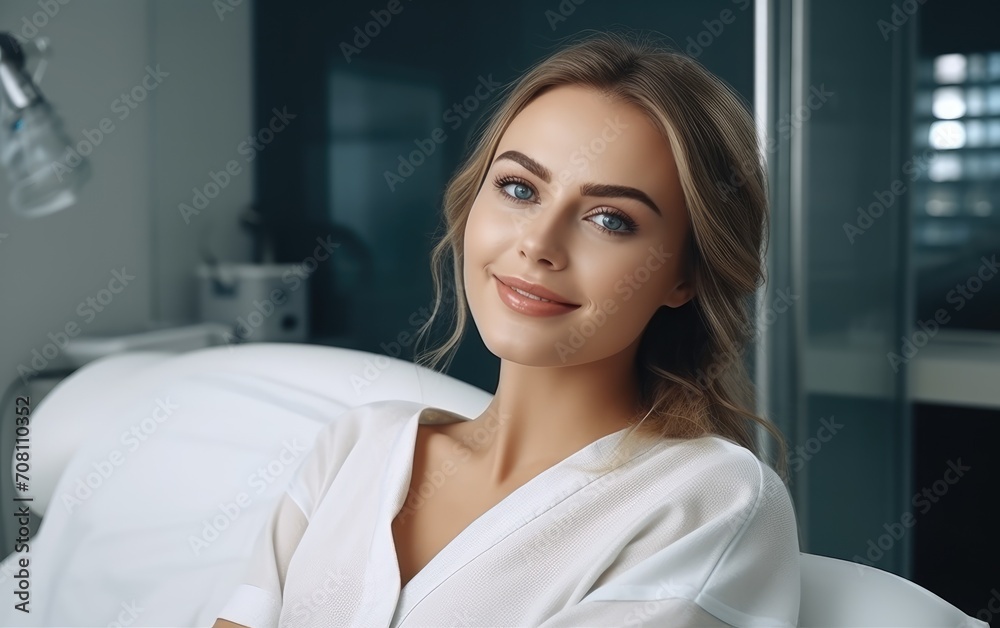 Wall mural a happy young woman patient in a modern bright dental clinic