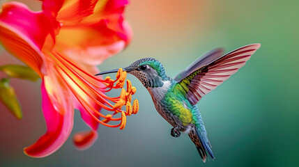 Obraz premium Hummingbird on a Flower Nectar Nature Wallpaper Background Poster Illustration Digital Art Cover Card