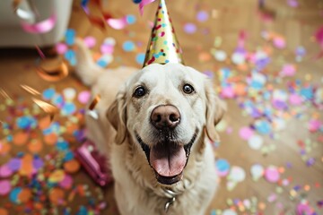 Happy cute dog in party hat celebrating birthday surrounded by falling confetti