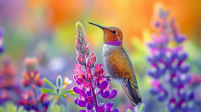 Hummingbird on a Flower Nectar Nature Wallpaper Background Poster Illustration Digital Art Cover Card