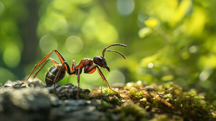 Side view of an ant in macro photography, against the backdrop of nature