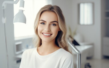 A happy young woman patient in a modern bright dental clinic - obrazy, fototapety, plakaty