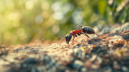 Side view of an ant in macro photography, against the backdrop of nature