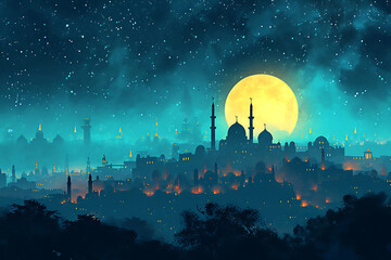 Ramadan Night Skyline with Full Moon. A tranquil cityscape with silhouettes of mosques and minarets under a starry sky, illuminated by a bright full moon, in honor of the holy month of Ramadan. 