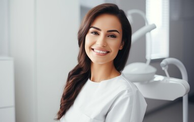 A happy young woman patient in a modern bright dental clinic