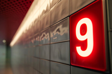 Illuminated Number 9 on Subway Station Wall. Illuminated red number nine on a dark wall of a metro station. Horizontal photography