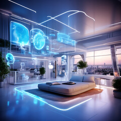a futuristic 3D render of a modern smart living room with IOT 