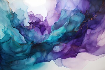 Iridescent lavender and deep emerald green liquids converging into a dreamy abstraction