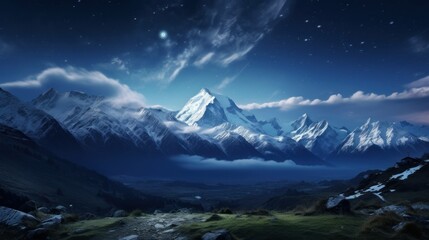 Beautiful mountain landscape. Starry night sky. Green background.