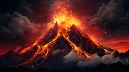 Erupting volcano with fiery lava flows and dark skies