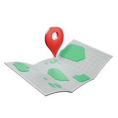 Gridded 3D map with small islands, and a location symbol, on a transparent background, 3D illustration