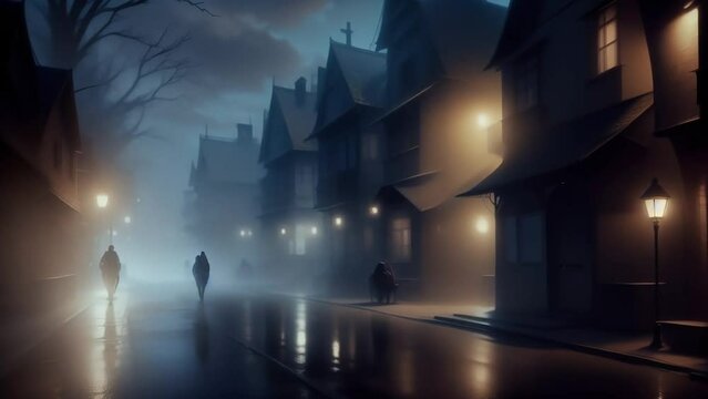 Dark scary village street covered with fog. Loopable. Ai generated