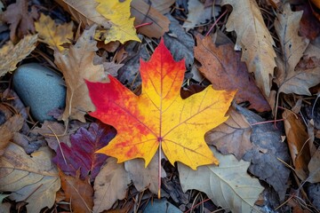 Obraz premium Brightly colored autumn maple leaf lying on forest floor.