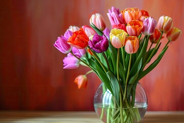 Brightly colored tulips in a clear glass vase