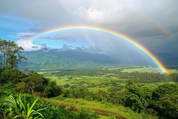 Brilliant rainbow arching over a lush green valley
