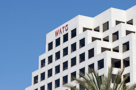 Irvine, CA, USA - May 7, 2022: Exterior view of the headquarters of Wimberly, Allison, Tong and Goo (WATG), an architectural firm in Irvine, California, centered around hospitality architecture.
