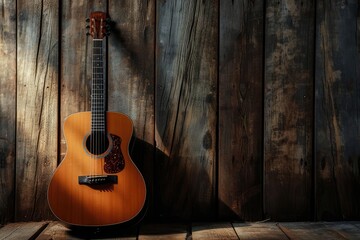A classic acoustic guitar leaning against a wooden wall