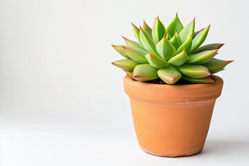 A small succulent plant in a terracotta pot against a white background.