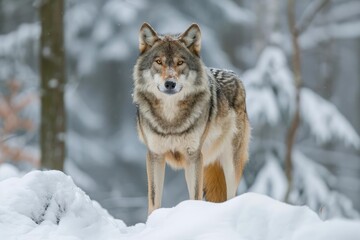 Majestic grey wolf standing in a snow-covered forest