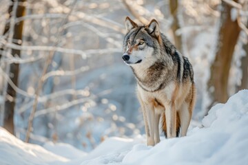 Majestic grey wolf standing in a snow-covered forest