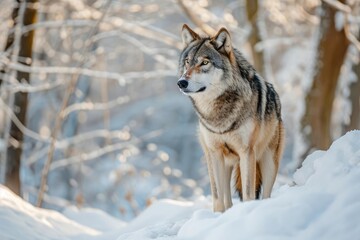 Fototapeta premium Majestic grey wolf standing in a snow-covered forest